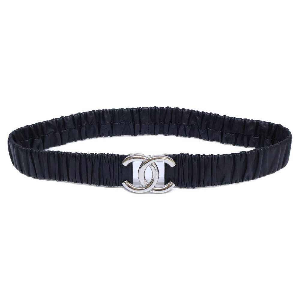 CHANEL B25 V AAB080 B20596 Coco Mark Elastic Gathered Leather Belt 70 28 Blac...